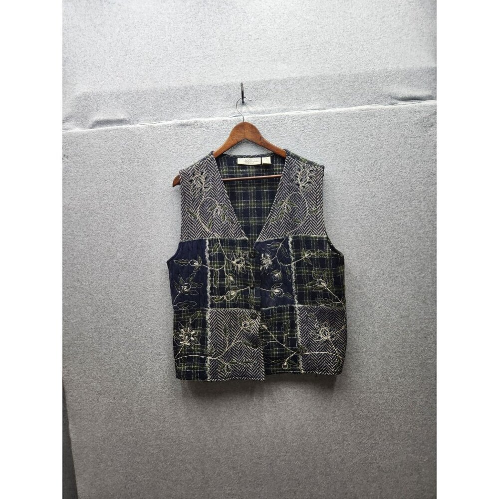 Dress Barn Woman 1X Patchwork Wool Blend Plaid Vest Blue/Green Floral Embroidery